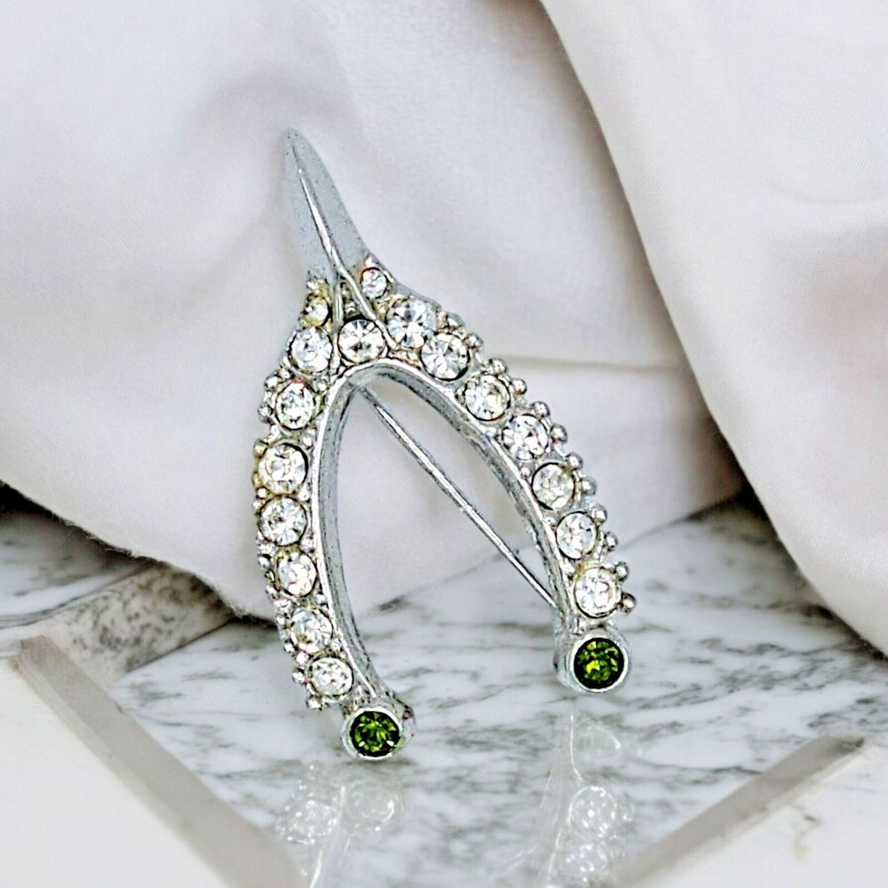 Wishbone Brooch Vintage Good Luck Rhinestone Green Accent Statement Jewelry Pin